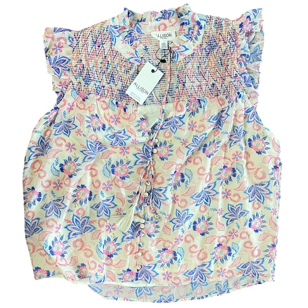 NWT Stellah New York Sleeveless V-Neck Blouse, Pink/ Blue Pattern, Large